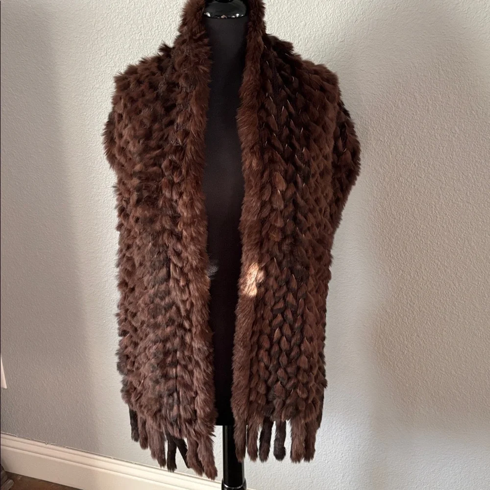 Moonbat Brown Rabbit Fur & Knit Scarf‎